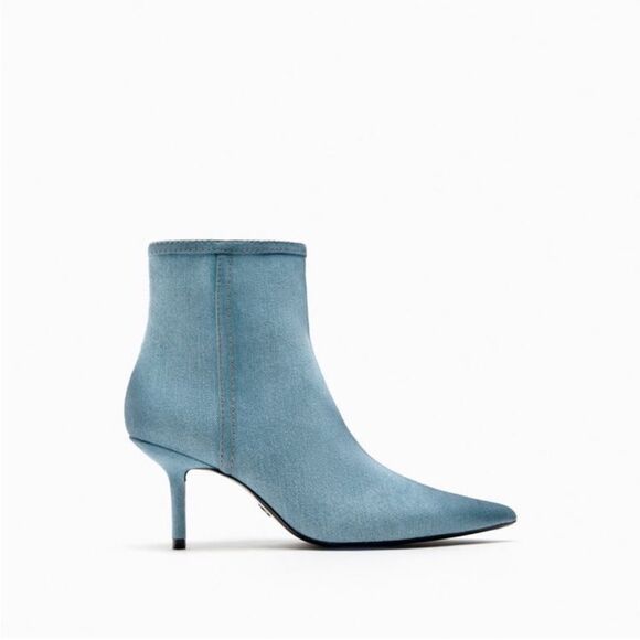 ZARA 36/6 Denim Blue Pointy Toe Heeled Ankle Booties - Picture 5 of 11